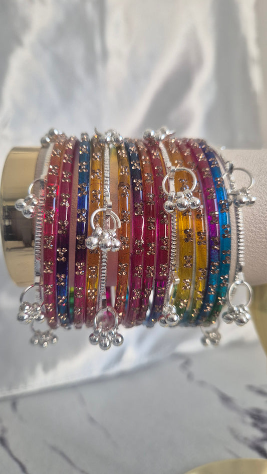 Dark Rainbow Multi Colour Glass with Silver Ghungroo Bangles