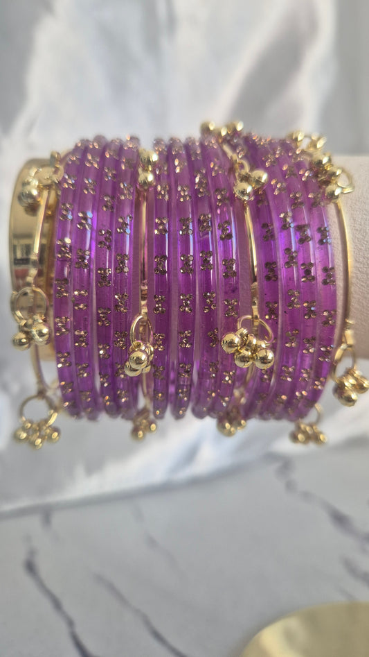 Lavender Purple Raindrop Glass with Gold Ghungroo Bangles