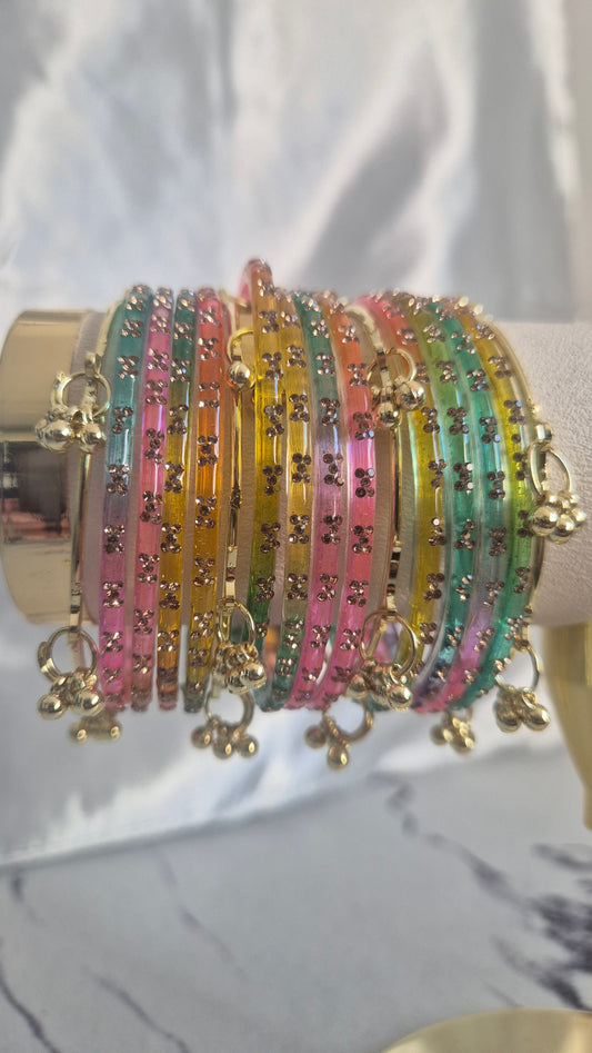 Light Rainbow Multi Colour Glass with Ghungroo Gold Bangles