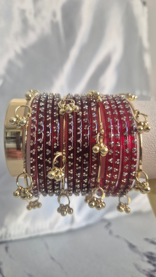 Maroon Red Raindrop Glass with Gold Ghungroo Bangles
