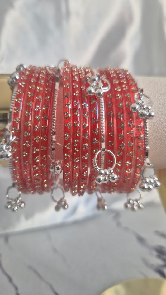 Rust Red Raindrop Glass with Silver Ghungroo Bangles