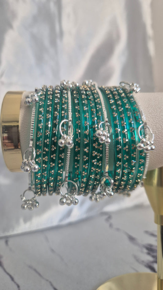 Teal Green Raindrop Glass with Silver Ghungroo Bangles